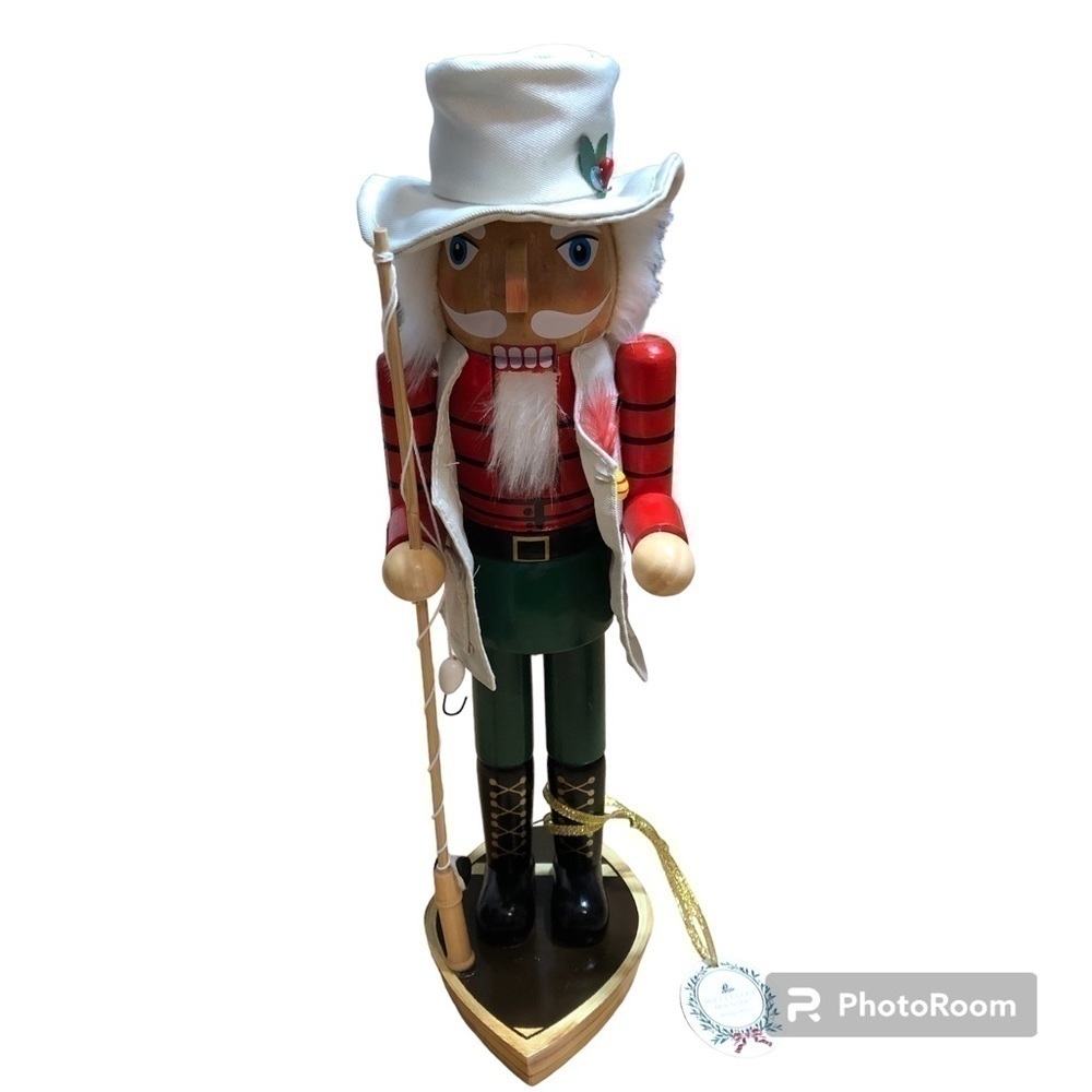 Nutcracker Fisherman Fishing Pole Fish Holiday Christmas Decor Red Green NEW